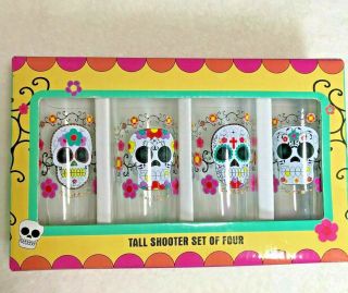 Sugar Skulls Day Of The Dead Tall Shot Glasses Mini Glass Cordial Set