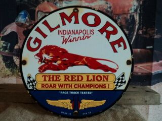 Old Vintage 1952 Gilmore The Red Lion Porcelain Enamel Gas Pump Sign " Winner "