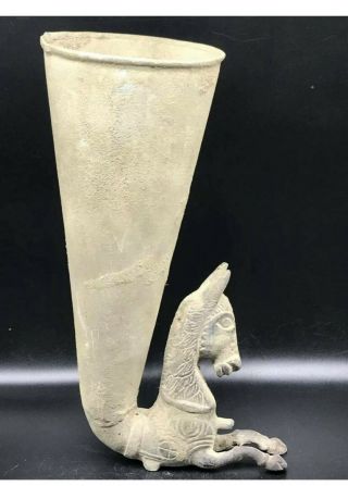 Ancient Persian Near Eastern Bronze Rhyton Vessel With Beast Head Rare