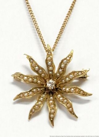Victorian 14k Gold Diamond Natural Pearl Pendant Starburst Sunburst Pin W Chain