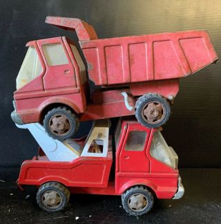 Set Of 2 X Vintage Pressed Tin Toy Trucks Made In Japan