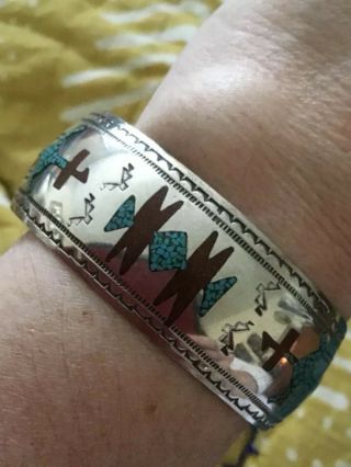 Signed Vintage Mae Bia Navajo Sterling Silver And Inlaid Gemstone Cuff Bracelet