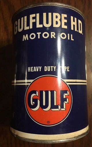 Rare Full Vintage Gulf Lube H.  D.  Motor Oil Heavy Duty Type 1 Quart Can 10w