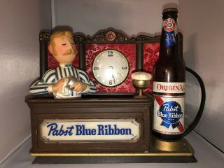 Vintage Pabst Blue Ribbon Advertising Beer Sign/display With Light & Clock