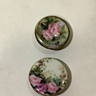 Vtg Large 1” Antique Hand Painted Porcelain Buttons Roses Floral Chintz