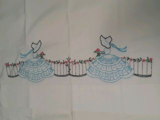 Pair Vintage Embroidered Lady W Bonnet Flower Pillowcase Cover 3