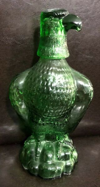 Vintage Green Glass Decanter Bottle Eagle Bird Shaped Shot Glass Head
