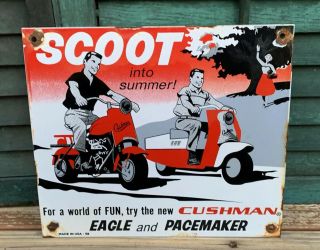 Vintage " Cushman Scooter " Porcelain Advertising Sign,  12 " X 10 ",  Dated 1958