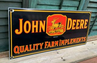 HUGE VINTAGE JOHN DEERE PORCELAIN FARM IMPLEMENTS TRACTOR GAS STATION BARN SIGN 2