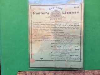 1916 Ohio Resident Hunters Hunting License Paper
