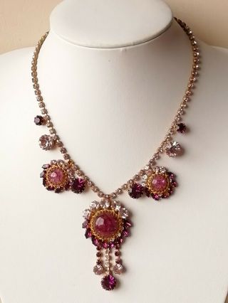 Vintage Jewellery Goldtone,  Purple Mauve Foil Glass Necklace.  Adjustable Length
