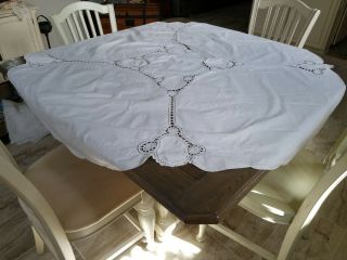 Vintage Madeira Round Tablecloth Cut Work Hand Embroidered 65 In