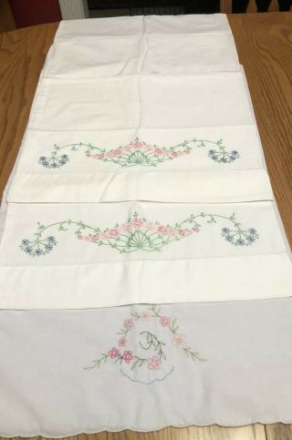 3 Vintage Pair Plus One Hand Embroidered Pillow Cases Pink And Blue Flowers