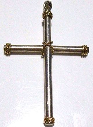Estate Large 2.  25 " Sterling Silver & 14k Gold Modern Religious Cross Pendant