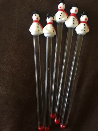 Vintage George Briard Glass Stir Stick Set 5 Christmas Snowman Cocktail Swizzle