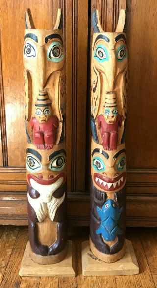 2 Vintage Northwest Coast Native American Carved Wood Painted Totem Poles