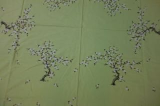 1950 ' s Print Tablecloth - 52x62 - VG - Flowering Cherry Trees - Lime,  Black,  White - 2