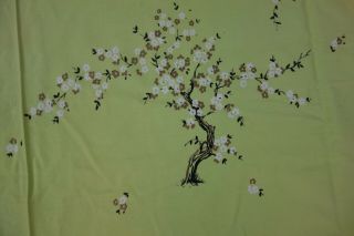 1950 ' s Print Tablecloth - 52x62 - VG - Flowering Cherry Trees - Lime,  Black,  White - 3