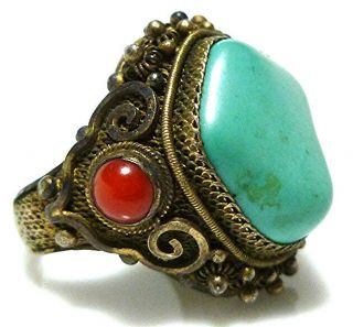 Chinese Export Sterling Silver Turquoise Coral Filigree Womens Old Ring Large