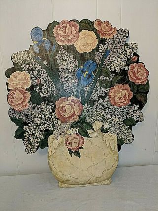 Gorgeous 28 " Vtg Signed D Folk Art Painting Wood Plaque Flowers Roses Lilacs