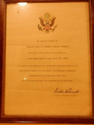 Franklin D.  Roosevelt Ww2 Document 1944,  Killed In Action