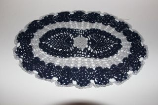 Vintage Hand Crocheted Lace Oval Blue Grey Doily 16 " Long Doilie