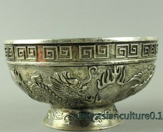 Chinese Collect Decoration Handmade Miao Silver Carving Dragon Phoenix Bowl