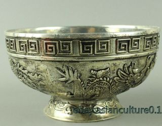 Chinese collect decoration handmade Miao silver carving Dragon phoenix bowl 2