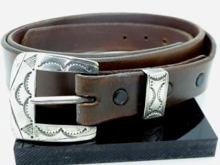 Vintage Signed Sterling Silver 925 Western Engraved Belt Buckle Leather Belt 40 "