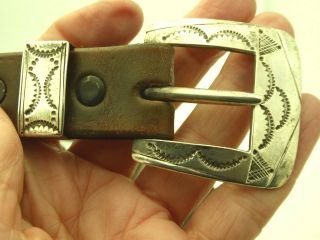 Vintage Signed Sterling Silver 925 Western Engraved Belt Buckle Leather Belt 40 