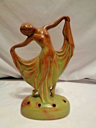 Vintage Earthy Art Deco Flowing Dancer Flower Frog Pottery 8 Inches Tall