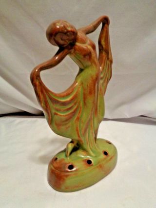 Vintage Earthy Art Deco Flowing Dancer Flower Frog Pottery 8 inches tall 2