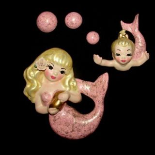 Mermaid Mom/baby Or Sister Wall Plaque Set For Vintage Or Retro Mermaid Bath