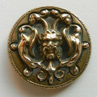 Antique Brass Metal Picture Button Green Man Open Work 1 - 1/16”