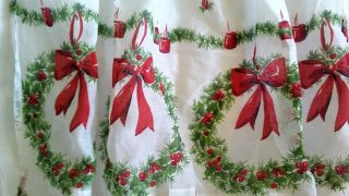 Vintage Waist Tie Christmas Apron Wreaths And Red Bows/red Candles Sheer Fabric