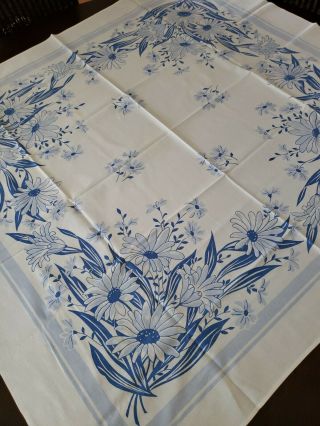 Vintage Shabby Cottage Floral Tablecloth Blue & White Mid Century