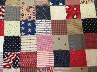 Patchwork Crib Quilt,  Nine Patch,  Stars,  Checks,  Flag,  Navy Blue,  Red,  Beige 3