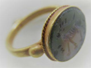Circa 200 - 300ad Ancient Roman High Carat Gold Ring With Agate Gazelle Intaglio