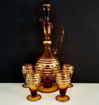 Mid Century Modern Liquor Decanter And 4 Glasses Romanian Glass 16 Inches High