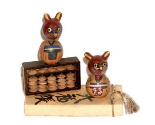 2 Japanese Kokeshi Dolls " Tanuki " Raccoon Dogs On Abacus & Rectangular Base