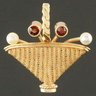 Small Solid 14k Gold,  Garnet & Pearl,  Woven Basket,  Estate Charm,  Pendant