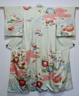 Japanese Kimono Silk Semi - Antique Houmongi / Chrysanthemum / Silk Fabric /362