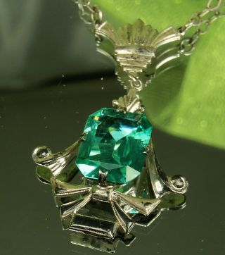 1930s Art Deco Lavalier Necklace 3.  8ct Teal Green Tourmaline Sterling 16 " Fab