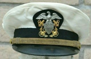 U.  S.  Navy Wwii White Top Visor Cap Hat As Found Usn Naval Uniform Us Ww2