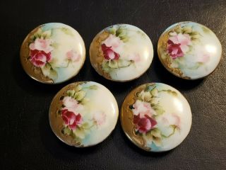 Set Of 5 Antique Limoges Hand Painted Double Rose Heavy Gold Stud Buttons 1 1/8 "
