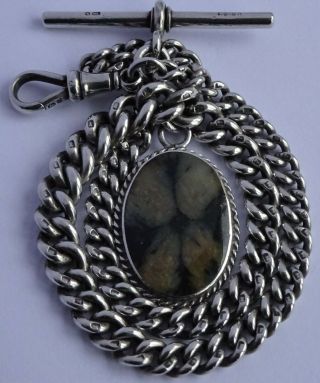 Fabulous Victorian Solid Silver Pocket Watch Albert Chain & Silver Gem Stone Fob