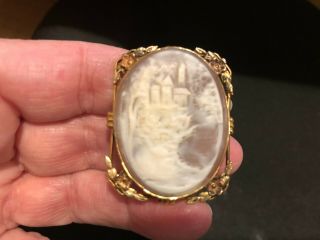 Large Victorian Hand Carved Shell Cameo Of A Castle 12kt Pin Pendant