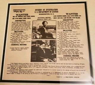 1934 Bonnie And Clyde FBI WANTED Poster Matted and Framed 2