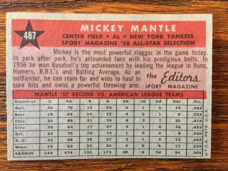 1958 TOPPS MICKEY MANTLE ALL - STAR Baseball Card - - VINTAGE 2