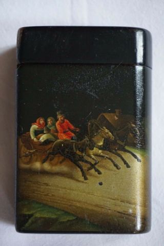 Russian Antique 1880 Vishnyakov Lacquer Box Troika Papier Mâché 100